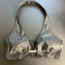 Vintage Black Leather Playboy Bralette Rhinestone Spellout Sm
