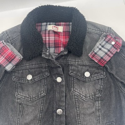L.e.i Girls Black Denim Jacket Size S(12) Sherpa Collar, Pockets, Plaid Pattern