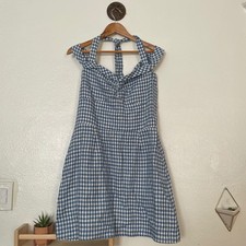 Reformation Blue Gingham Linen Mini Dress Halter Smocked Back 12