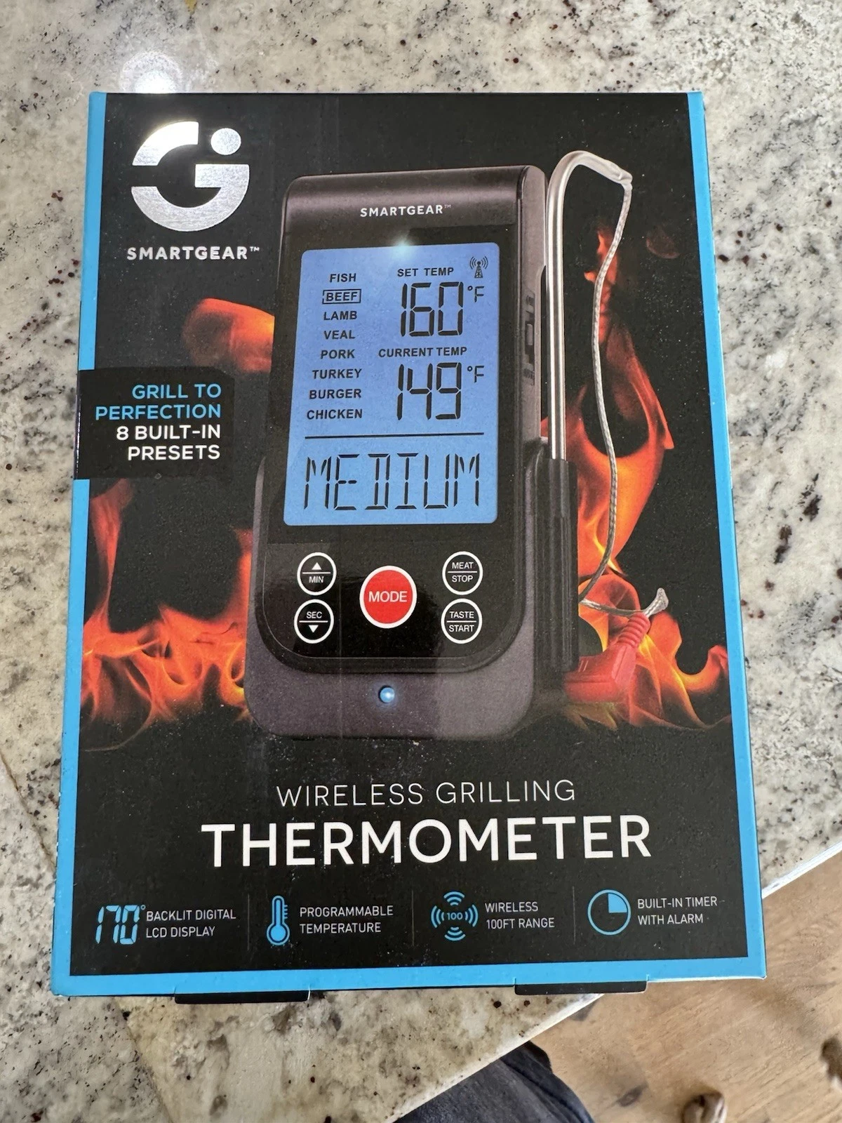 SmartGear Wireless Meat Thermometer, Programmable, 100ft Range, LCD Timer, Black