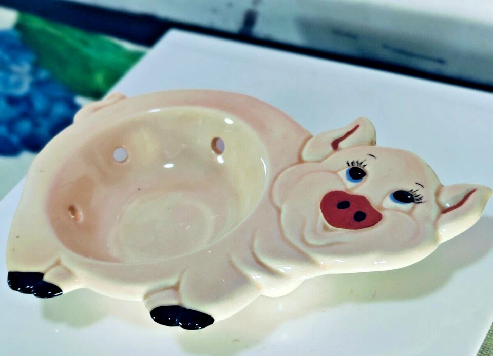 Jabonera o esponja vintage pintada a mano de cerámica rosa con forma de cerdo 8" x 5" Foto 3 de 4