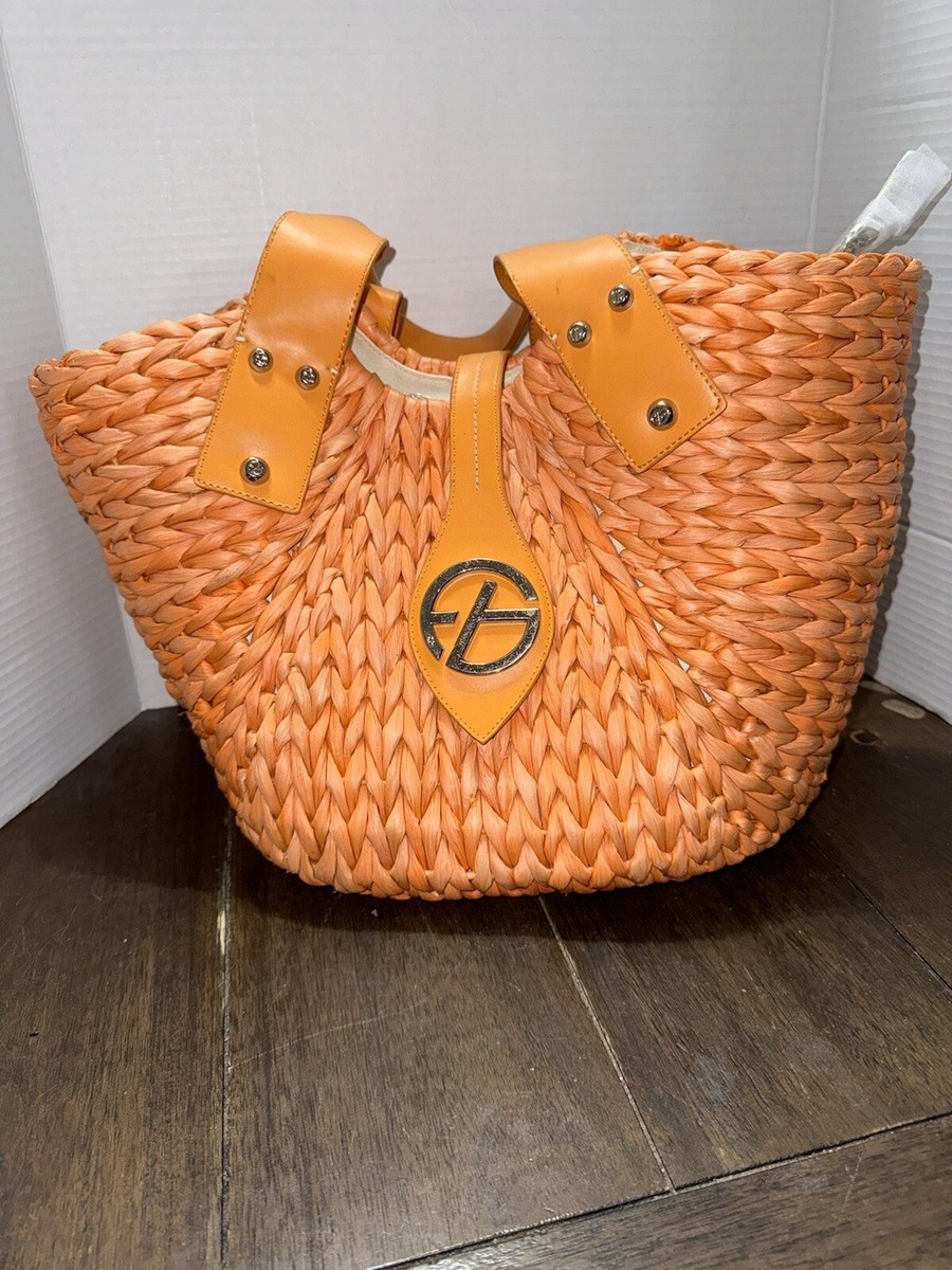 【FRANCESCO BIASIA】定価20万程 ストロー×レザー かごバッグ FRANCESCO BIASIA LRG Orange Straw Braided Woven Handbag Purse