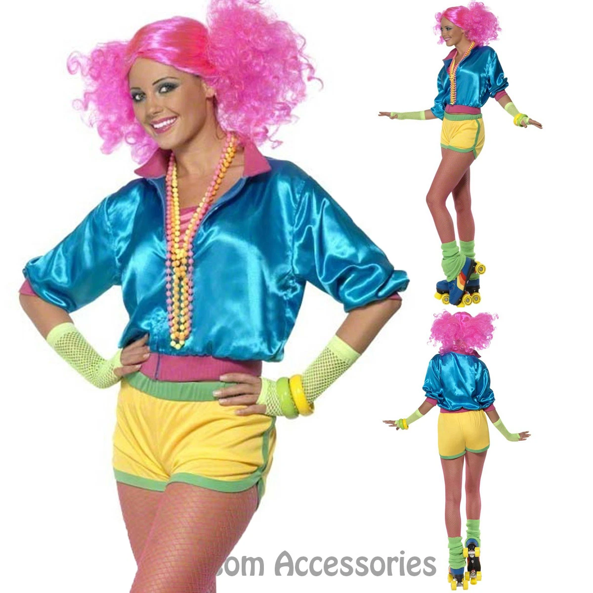 CL416 Womens Skater Girl Costume 1980 s Disco Retro Neon Fancy
