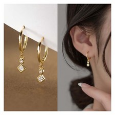14K Gold CZ Dangle Drop Earrings 925 Sterling Silver Dangle Hoop Earrings