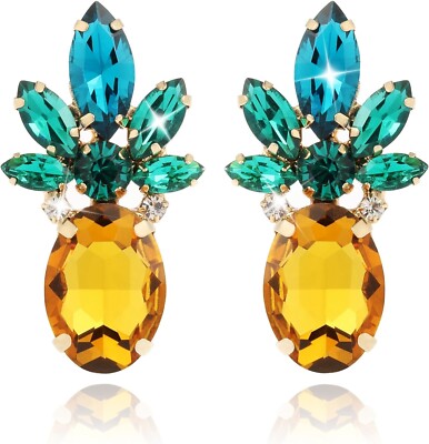 Pineapple 3D Stud Earrings Yellow Green Crystals Luau Party Gold Tone Holylove