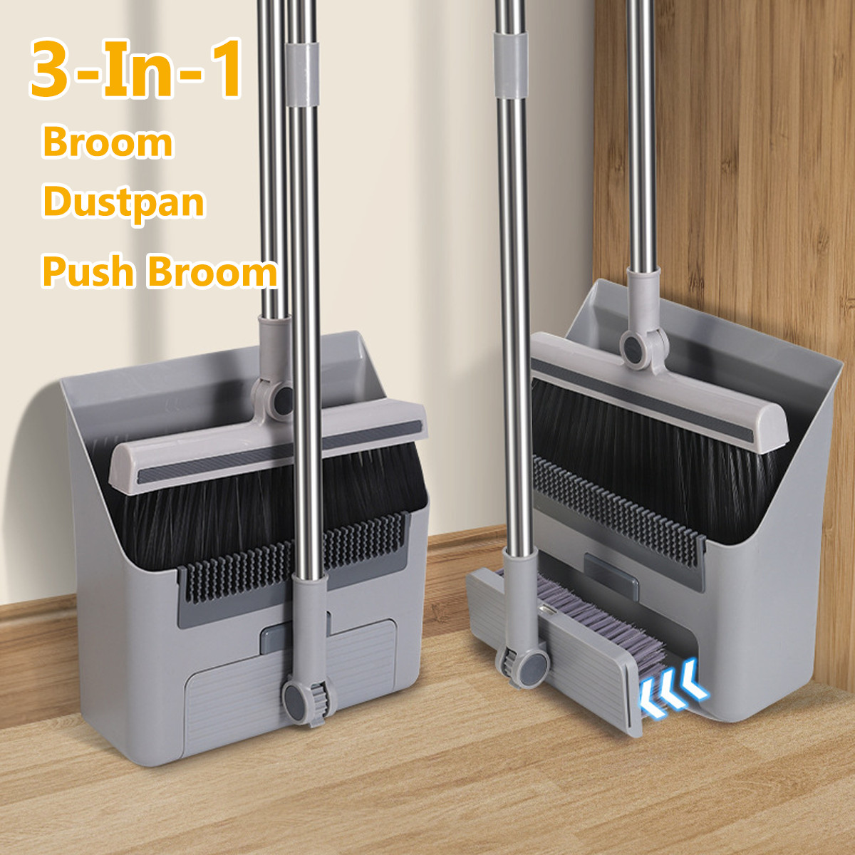 Foldable Broom and Dustpan Sweep Clean Set Dust Pan Broom Upright w/ Lid Combo