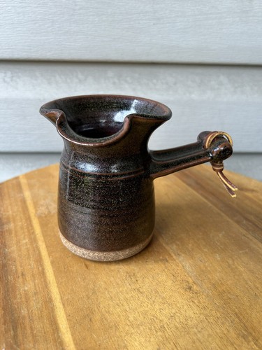 Vintage Brown Speckle Handled Primitive Art Pottery Gravy Boat Pitcher 5"-EM