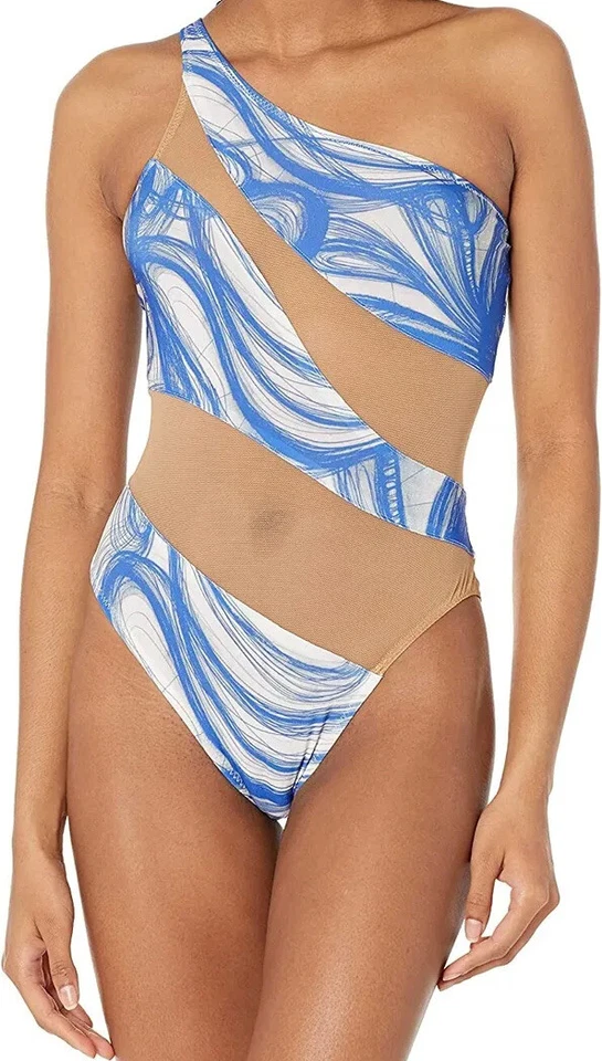 $265 Norma Kamali Snake Mesh Mio 1 peça maiô bodysuit azul redemoinho branco XXS - Imagem 3 de 4