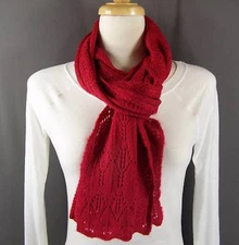 Red pointelle knit pattern knitted scarf 68" long winter wrap soft