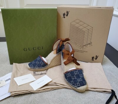 NIB GUCCI Women's Pilar Double G Denim Pilar Espadrille Wedge Sandal size  5.5 | eBay