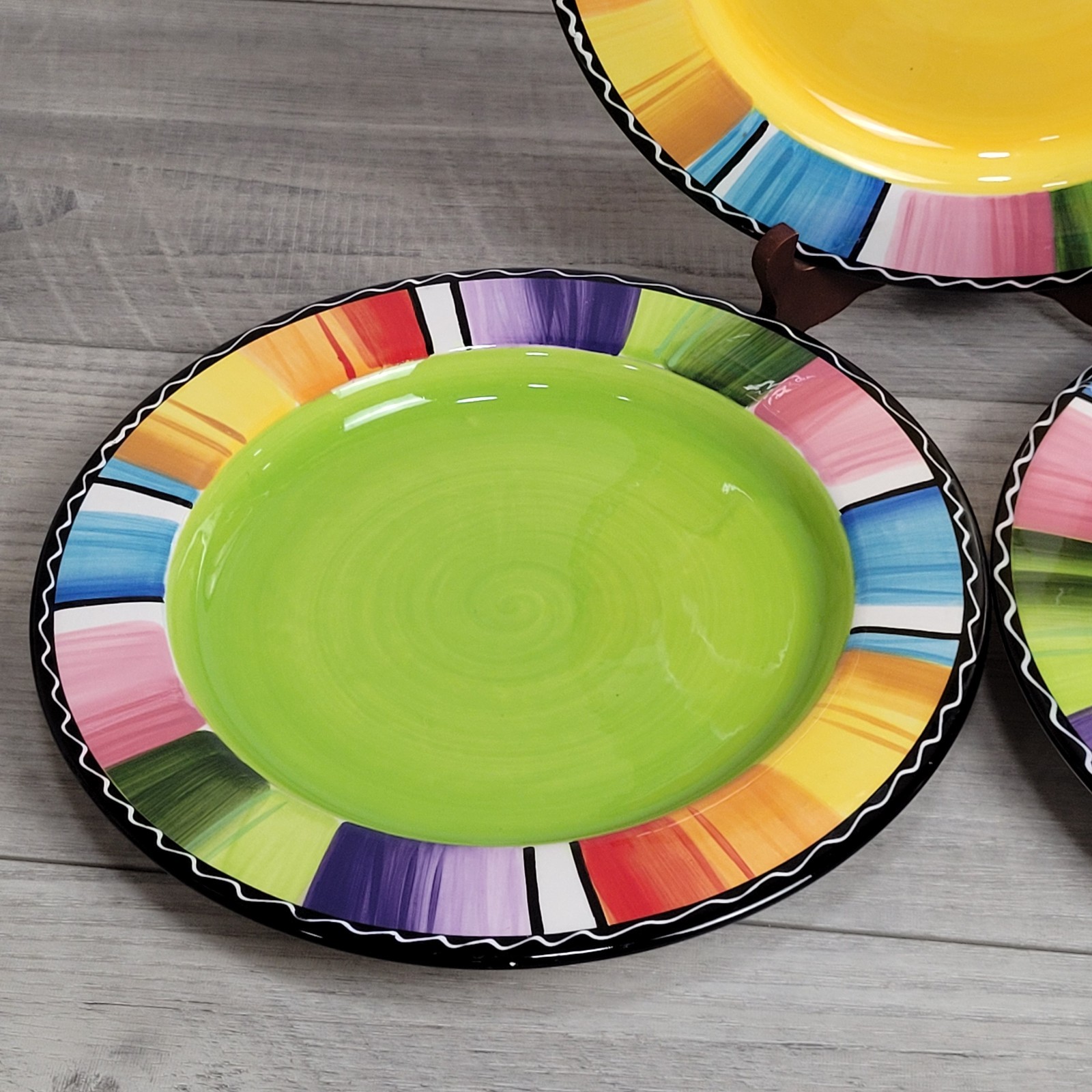 3-Certified International Colorful Serape Dinner Plates 11.5" Art by Nancy Green
