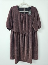 Simply Be Smock Mini Dress Womens 14 Pink Purple Glitter Puff Sleeve Party