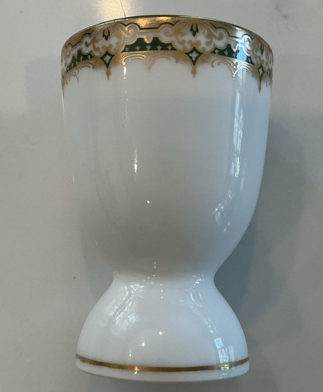 Vtg LIMOGES France Footed Egg Cup/Coddler Green Scrolls/Gold Gilt