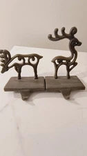 Set Of  Two Detailed  Reindeer Brown Cast Iron Puter Decorative Stocking Holders