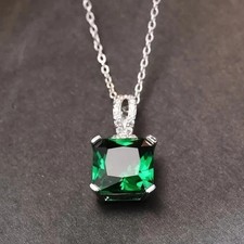 2Ct Princess Lab Created Green Emerald Solitaire 14K White Gold Plated 18" Chain