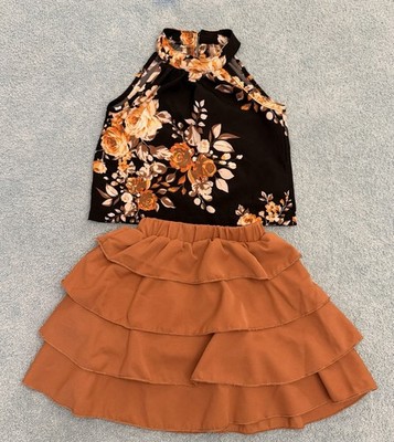 Shien Kids 2 Piece Ruffled Layered Skirt Halter Floral Top Brown 4 Year