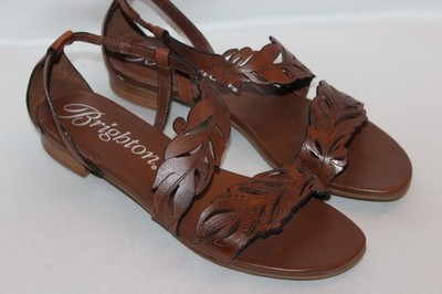 BRIGHTON Brown Leather Laser Cut Leaves NATURE Open Toe Sandals Sz 9 Brazil
