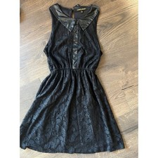 COOLWEAR Black Lace Dress Sleeveless Faux Leather Collar Party Cocktail S