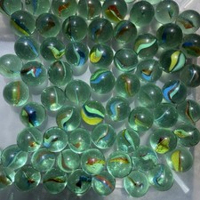 Lot of 72 Vintage Green Cat's Eye Glass Marbles 5/8" Japan Blue Yellow Orange