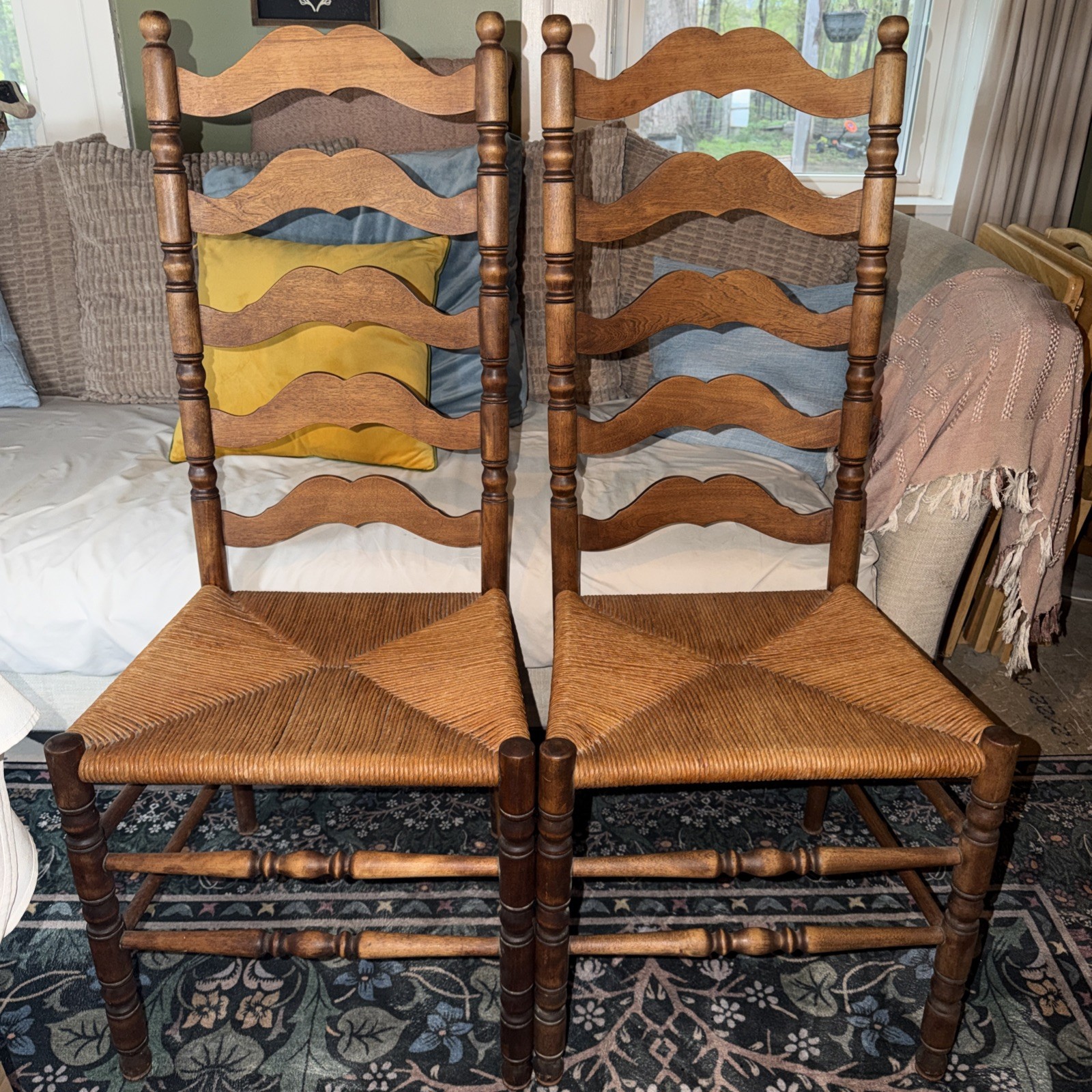 2 Vintage Ladder-Back Dining Chairs Woven Rush Seat Turned W