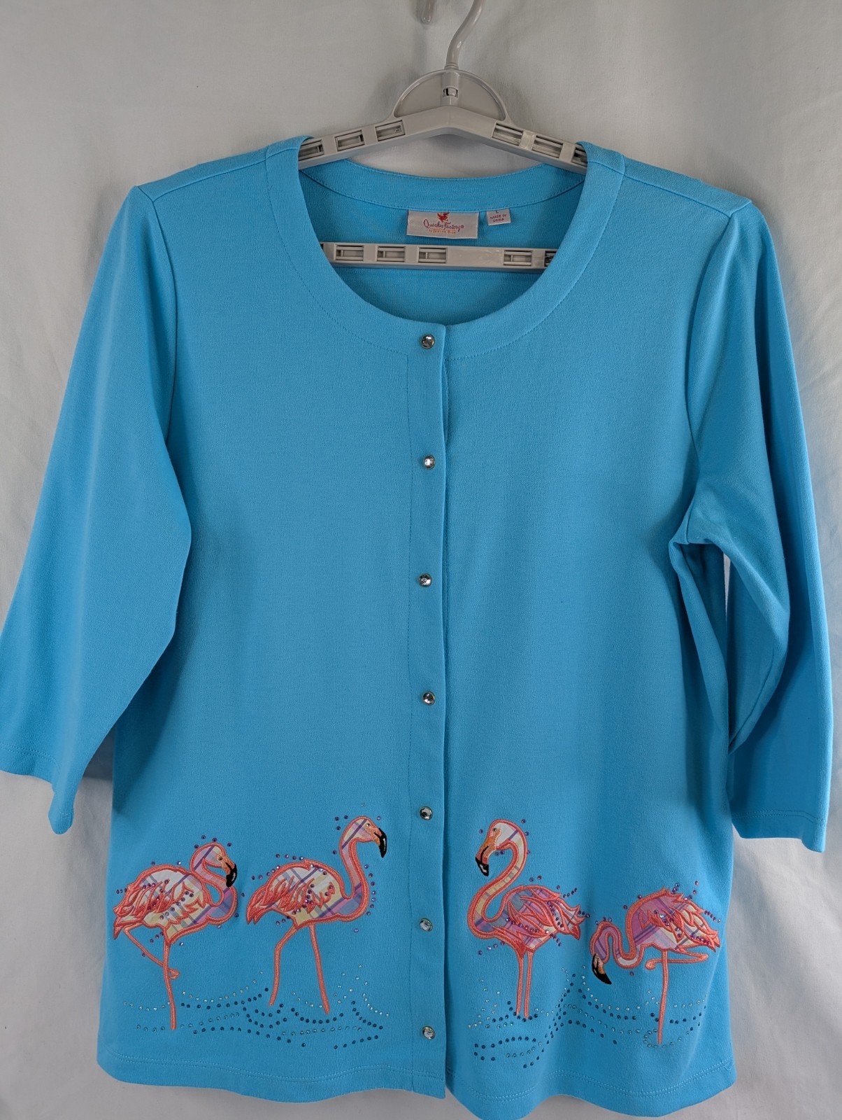 Cardigan Quacker Factory Embellished Flamingo Plaid Snap QVC Large A378092 Madra-image
