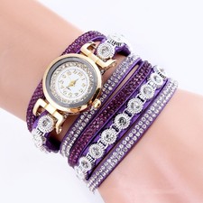 Womens Pink Rhinestone Wrap Bracelet Watch Faux Leather Quartz
