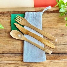 Kids Bamboo Cutlery Set   Reusable Fork Spoon Knife with Travel Pouch