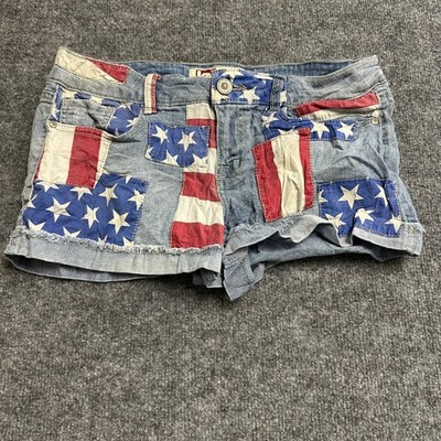 L.E.I. Denim Shorts Womens Size 11 Blue Americana Flag Low Rise Raw Hem