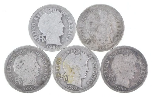 Better Lot 5 1901-O 1905-S 1905-S 1903-O 1898 Barber Dime 0.50 Face *194