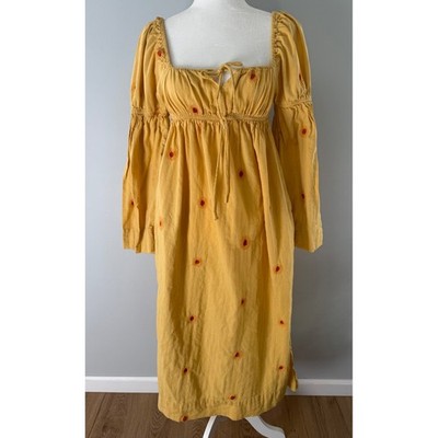 Free People Emory Embroidered Sunflower Midi Dress Yellow Boho Prairie Size XS
