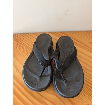 Crocs Capri V Flip Flops Womens Size 7 Black Leather Strap Comfort Sandals Wedge
