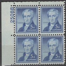 SC# 1038 - 5¢ Liberty Series - James Monroe - Mint Never Hinged Plate Block
