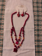Red Wooden Beaded Necklace And Earrings Set Statement Jewelery