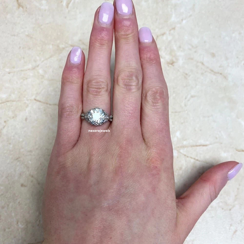 Art Deco Style Round Cut Lab Created Diamond Engagement 14K White Gold FN Ring - Picture 5 of 7