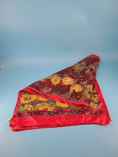 Vintage Scarf Polyester Japan Floral Red Yellow Brown Green 15x42 Inch