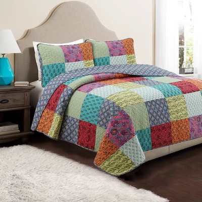 Bright Bold Multi Color Boho Floral Patchwork Cotton  Quilt Bedding Set