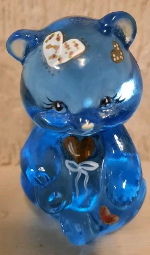 Vtg Fenton Art Glass Sitting Bear You're Special Figure Hand Painted Blue Signed
