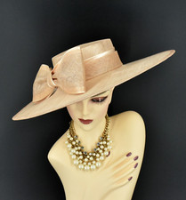 M23155( Peach )Wide Brim Sinamay Fascinator hat Kentucky Derby Wedding Church