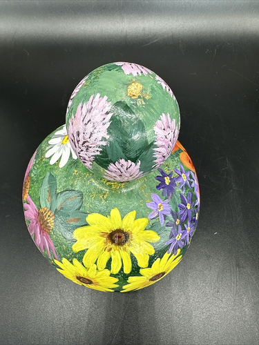 Kathy Mann Signed Hand Painted Flowers Gourd Figurine Decor 6" Folk Art EUC - Photo 7/8