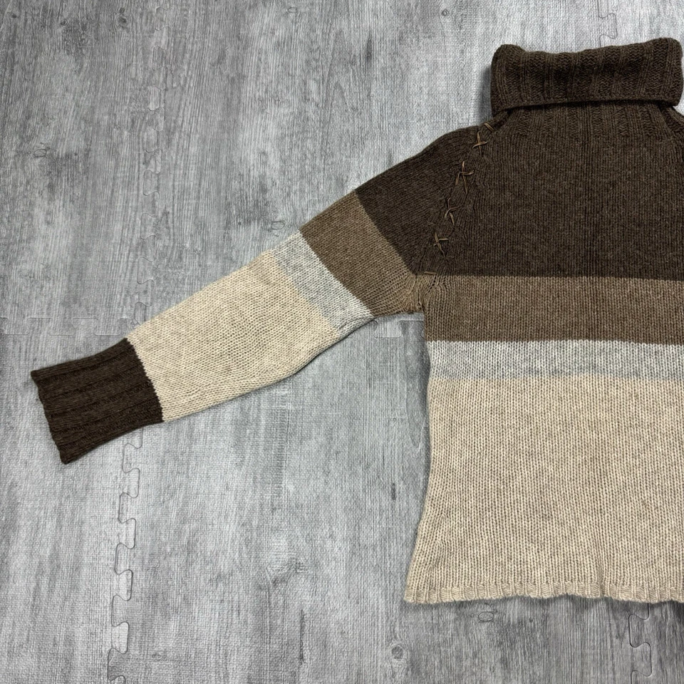 SUÉTER VINTAGE AÑOS 90 HECHO EN ITALIA CUELLO ALTO MEZCLA LANA DE CORDERO MARRÓN RAYAS MEDIANO M Foto 3 de 4