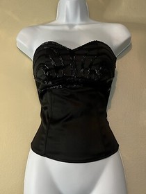 Vintage AUBADE Paris Bridal Rare Black Satin Beaded Bustier Sweetheart Neck XXS