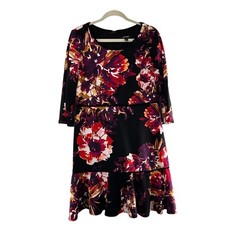 Roz & Ali Size 12 Black Floral Print 3/4 Sleeve Dress Romantic Flounce Ruffle