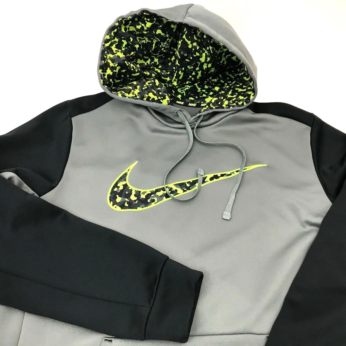 NIKE Therma Fit Hoodie Mens M Big Camo Swoosh Fleece Pullover Pouch Pocket  Gray