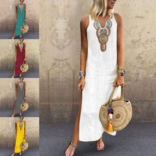 Womens Baggy Linen V Neck Maxi Dress 