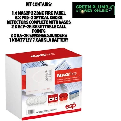 ESP 2 Zone Conventional Fire Alarm Kit 6-Smoke/Base 2-Call Point 2-Sounder-Battery