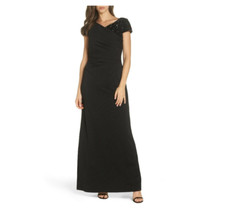 ADRIANNA PAPELL  SEQUIN BEADED WRAP SHOULDER OTTOMAN BLACK KNIT GOWN  DRESS  6