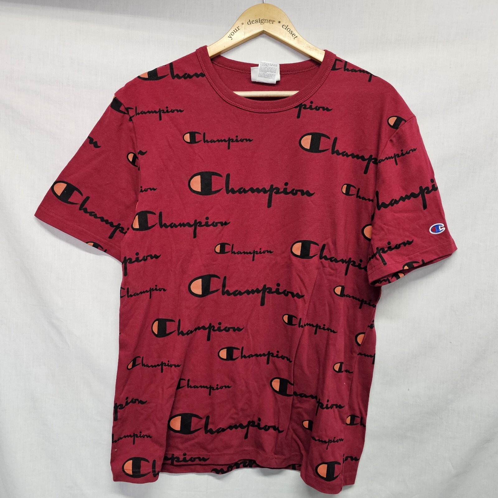 Champion Tee Shirt Size M Red Logo Print Short Sleeve All Over Shirt