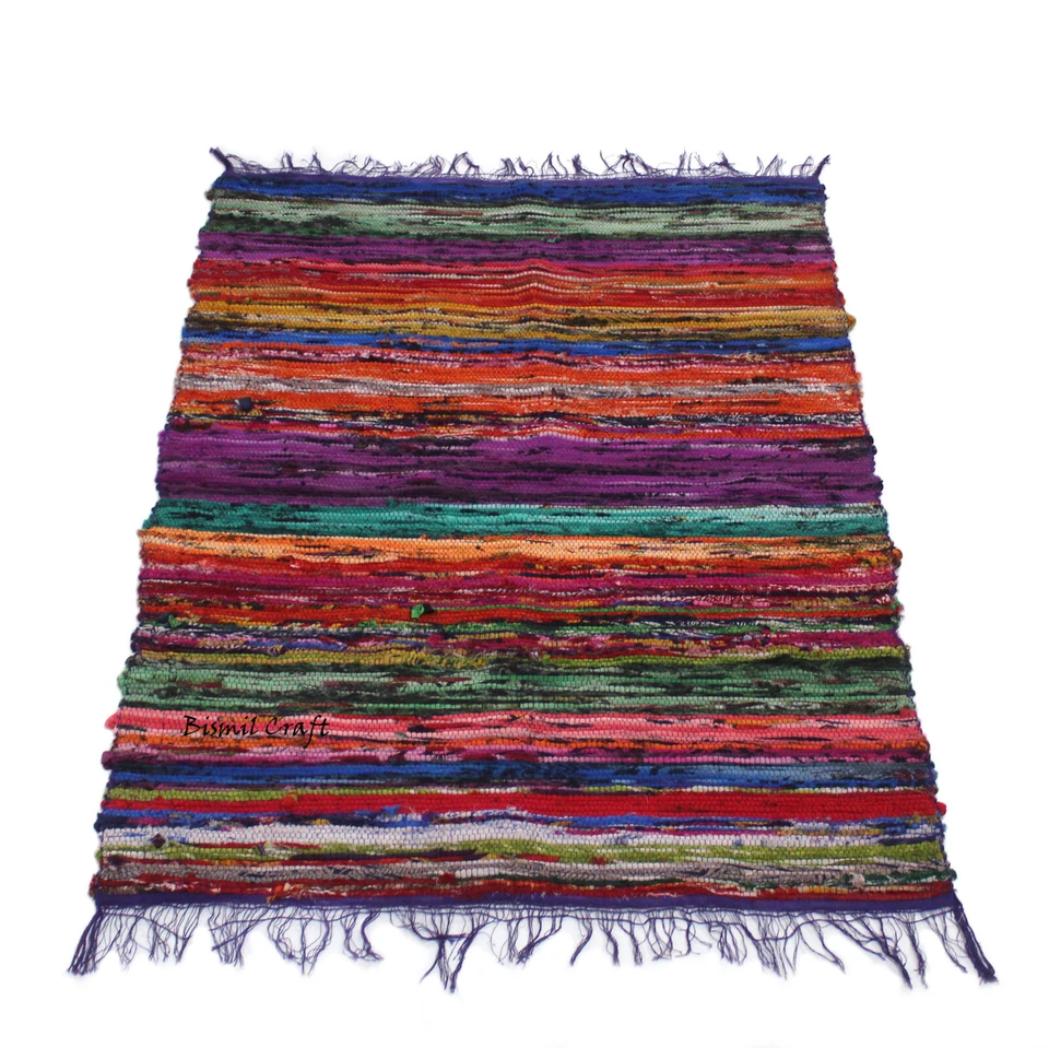 Boho Chindi Rag Rug 100% Recycled Cotton Woven Floor Mat 5x7 Foot PURPLE Rug - Image 3 of 4