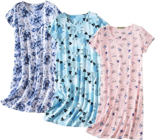 Womens Cotton Nightgown 3 Pack Short Sleeve Sleepdress Pullover Pajamas S-2XL - Picture 8 of 70