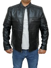 Men's New Motorcycle Biker Bomber Cafe Racer Black Lambskin Leather Jacket
